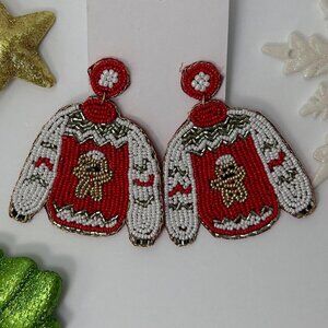 Handmade Beaded Earring, Ugly Sweater Red & White